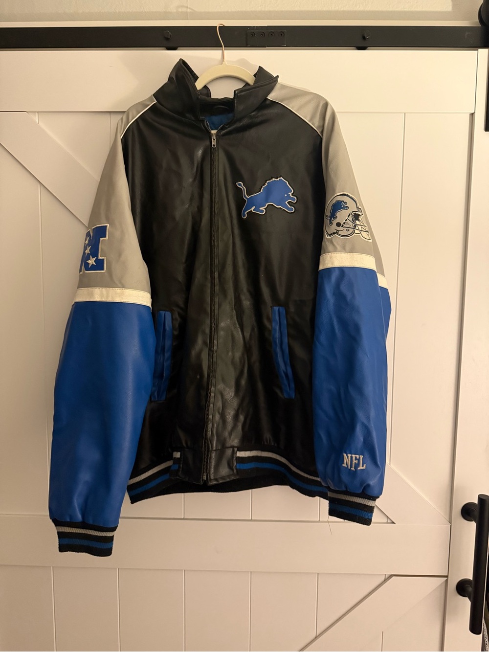 NFL Detroit Lions Black, Blue & Gray Leather Bomber Jacket
